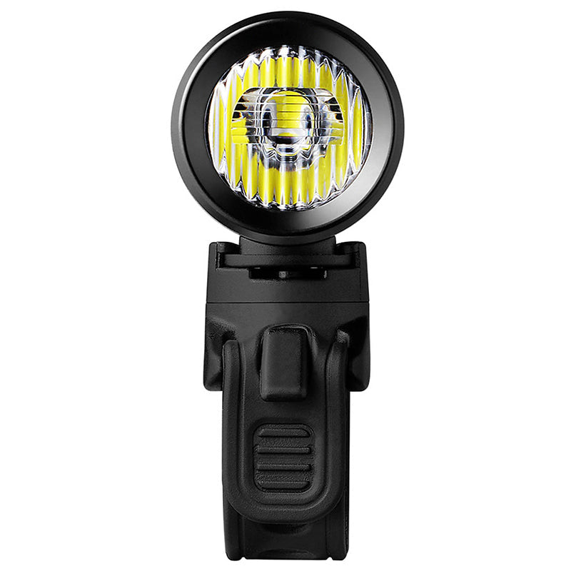 Front view of the Ravemen CR800 headlight lens and handlebar mount clamp