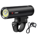 Ravemen CR800 800-lumen front bike light with handlebar mount and wired remote button, angled side view