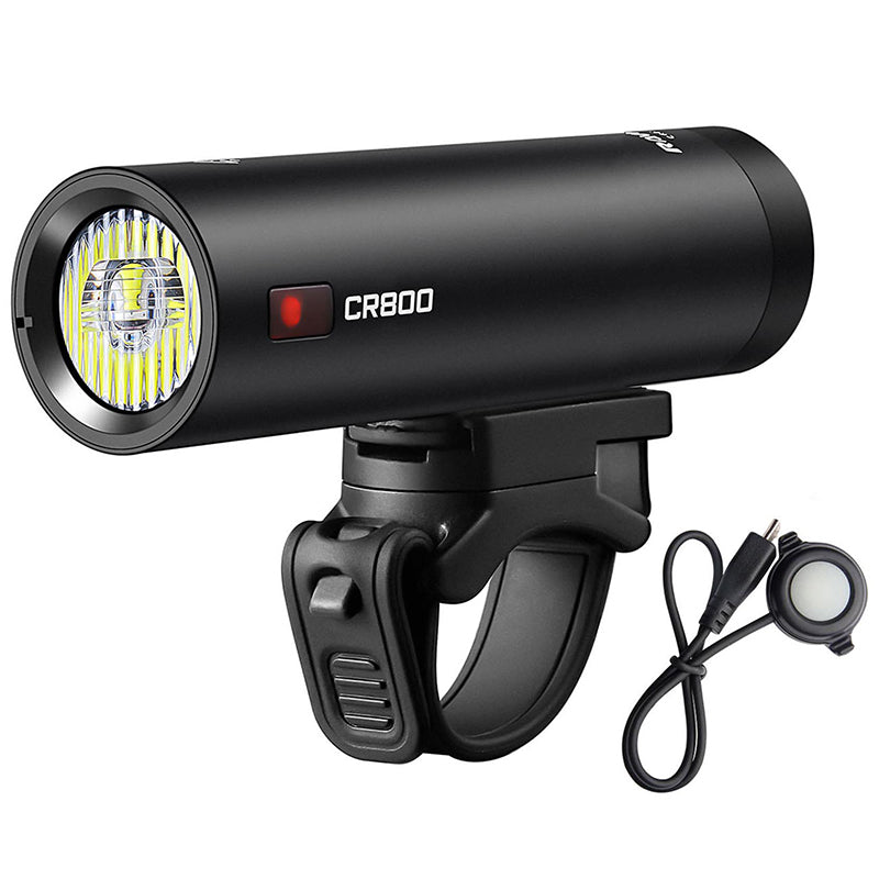 Ravemen CR800 800-lumen front bike light with handlebar mount and wired remote button, angled side view
