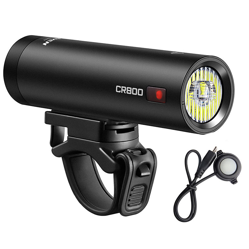 Ravemen CR800 front bike light mounted on handlebar clamp with remote button, opposite side view