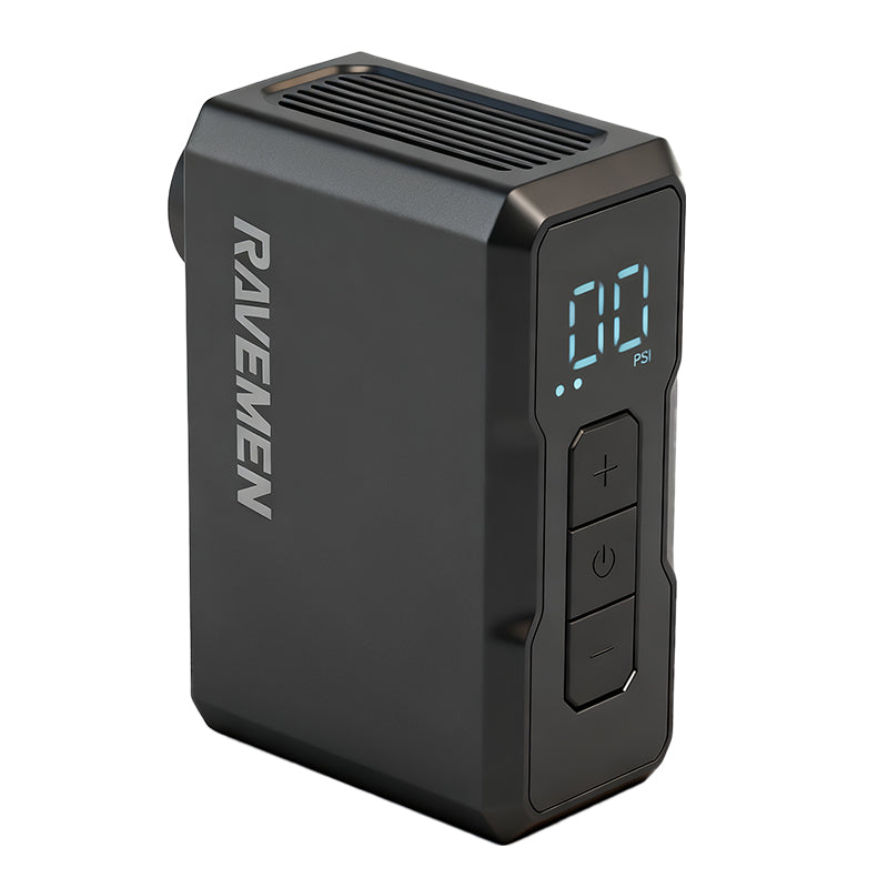 Angled view of the Ravemen EP01 electric bike pump showing the digital PSI display and control buttons.