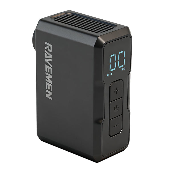 Angled view of the Ravemen EP01 electric bike pump showing the digital PSI display and control buttons.