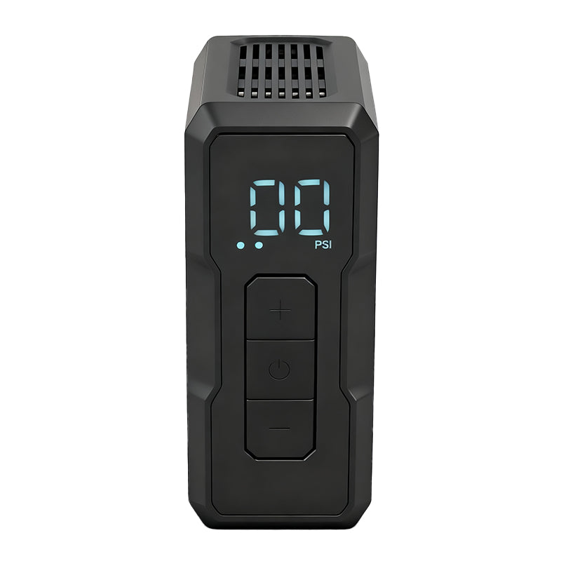 Front view of the Ravemen EP01 electric mini pump highlighting its compact black body and LED pressure display.
