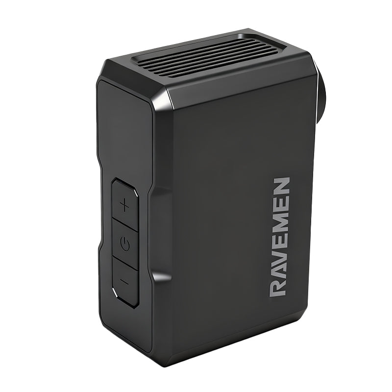 Rear three-quarter view of the Ravemen EP01 electric bike pump showing the RAVEMEN logo and control buttons.