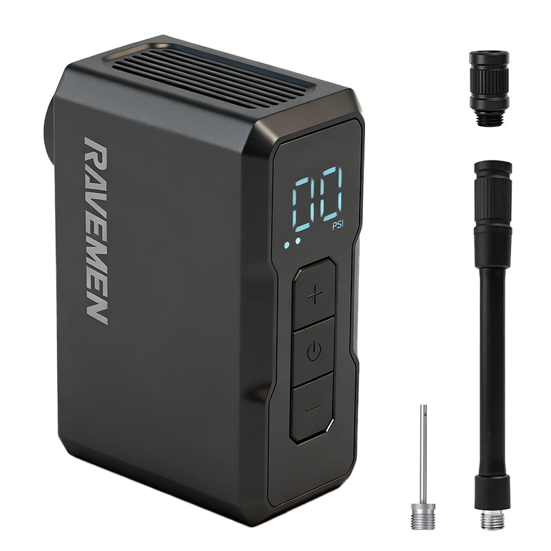 Ravemen EP01 electric bike pump shown with its extendable inflation hose and valve adapter.