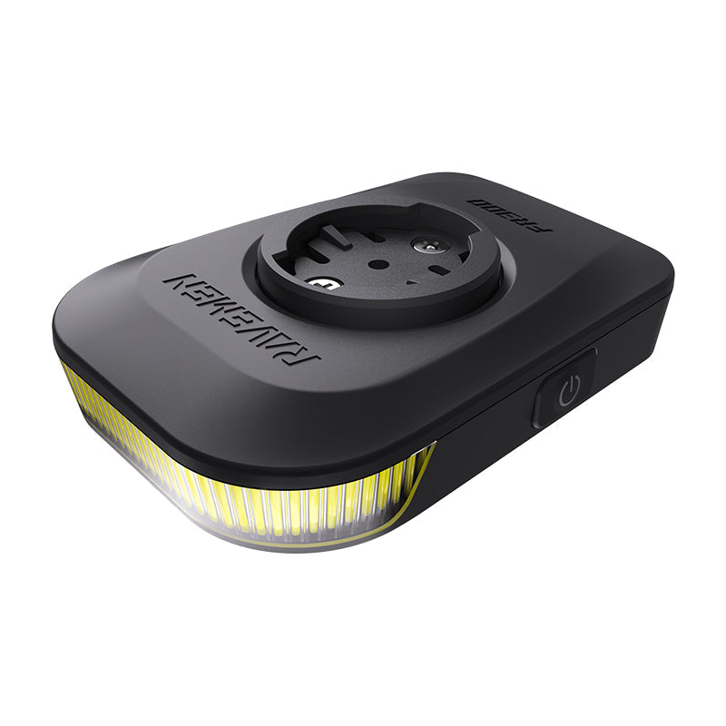 Angled view of the Ravemen FR300 ANT+ front light showing the illuminated COB LED strip and Garmin quarter-turn mount on top.