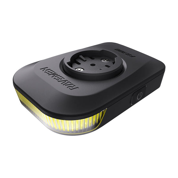 Angled view of the Ravemen FR300 ANT+ front light showing the illuminated COB LED strip and Garmin quarter-turn mount on top.