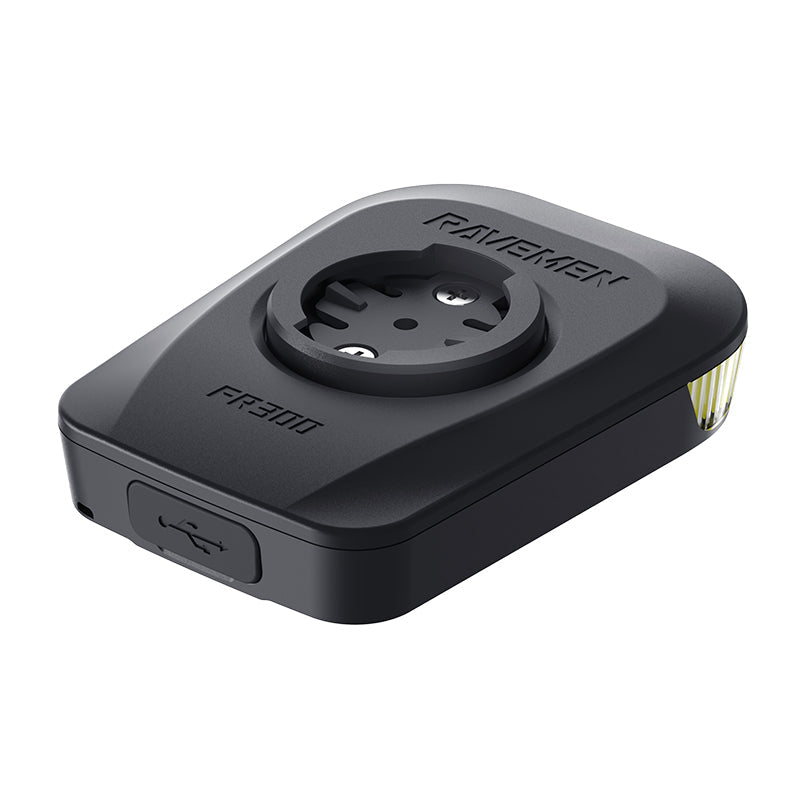 Top view of the Ravemen FR300 ANT+ light showing the FR300 model engraving and USB-C charging port.