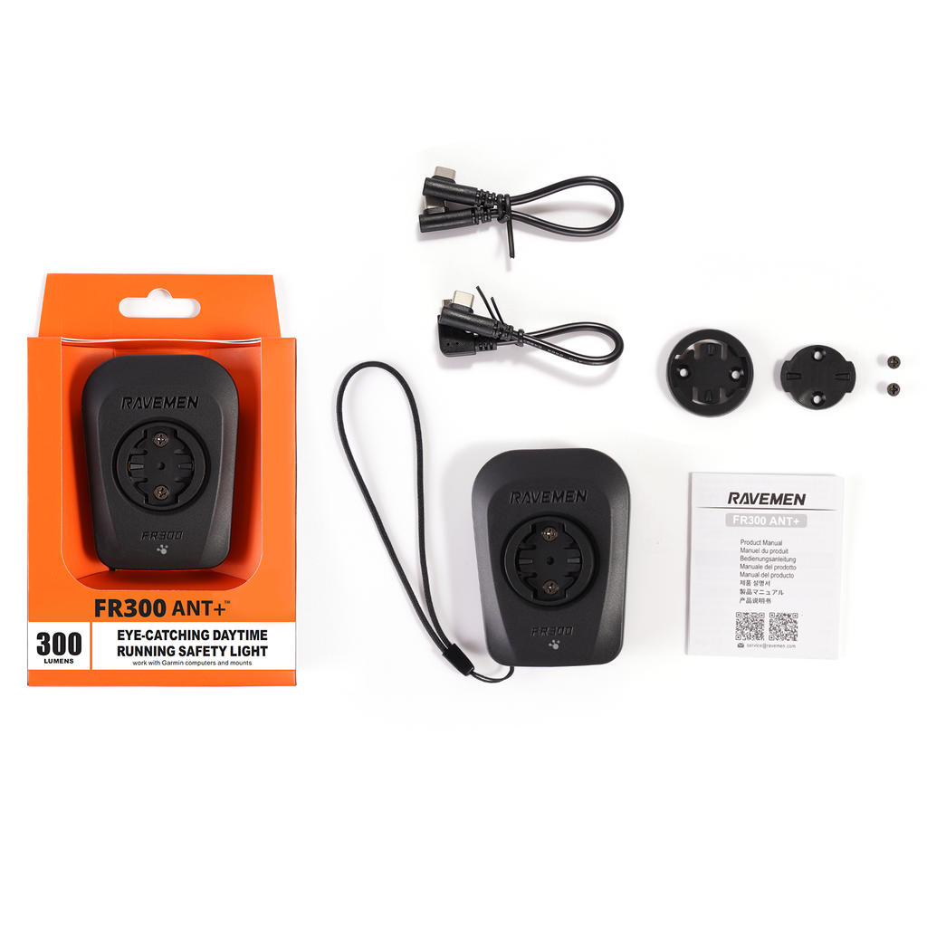Ravemen FR300 ANT+ retail box and included accessories: light, USB-C cables, tether, Garmin mount adapters and manual.
