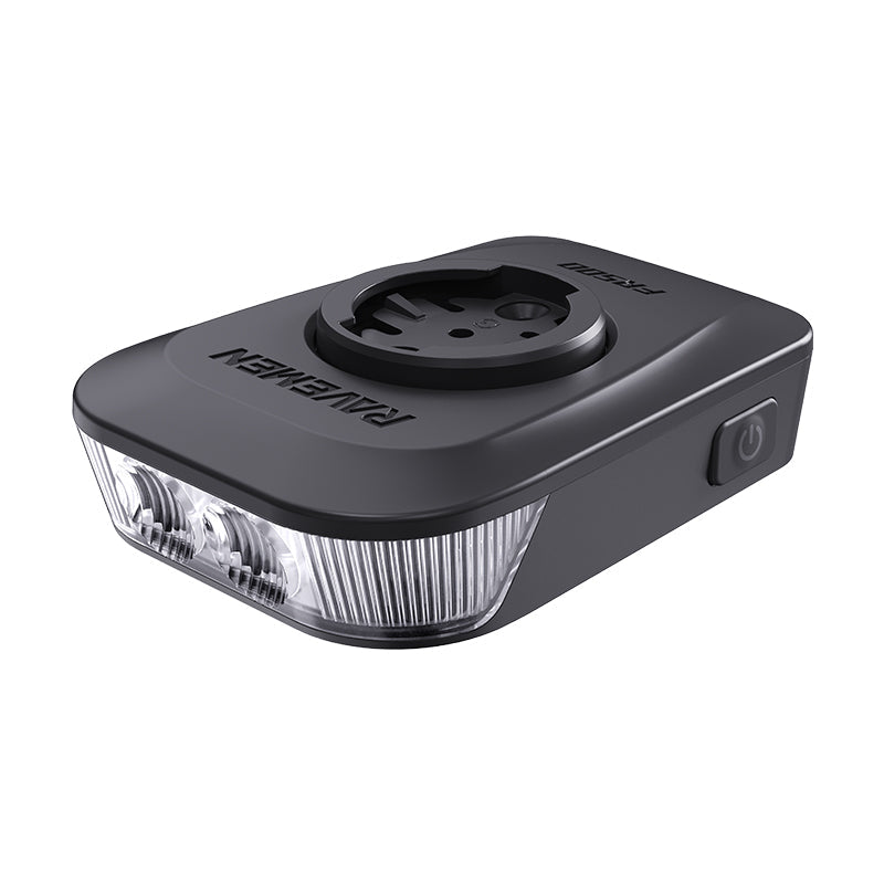 Front angle view of the Ravemen FR500 bike light with integrated Garmin-style computer mount