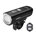 Ravemen K1800 front bike light mounted on a handlebar clamp with its ARS03 wireless remote control alongside.