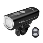 Ravemen K1800 front bike light mounted on a handlebar clamp with its ARS03 wireless remote control alongside.