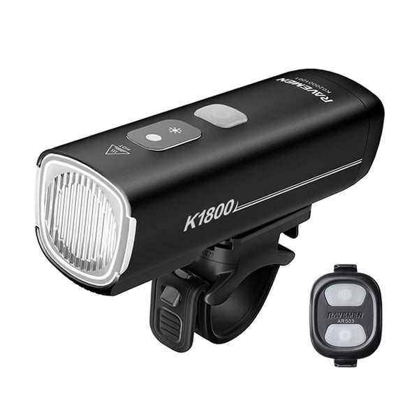 Ravemen K1800 front bike light mounted on a handlebar clamp with its ARS03 wireless remote control alongside.