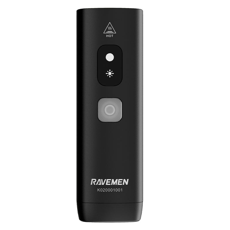 Top-down view of the Ravemen K1800 headlight body showing the mode button and battery indicator.
