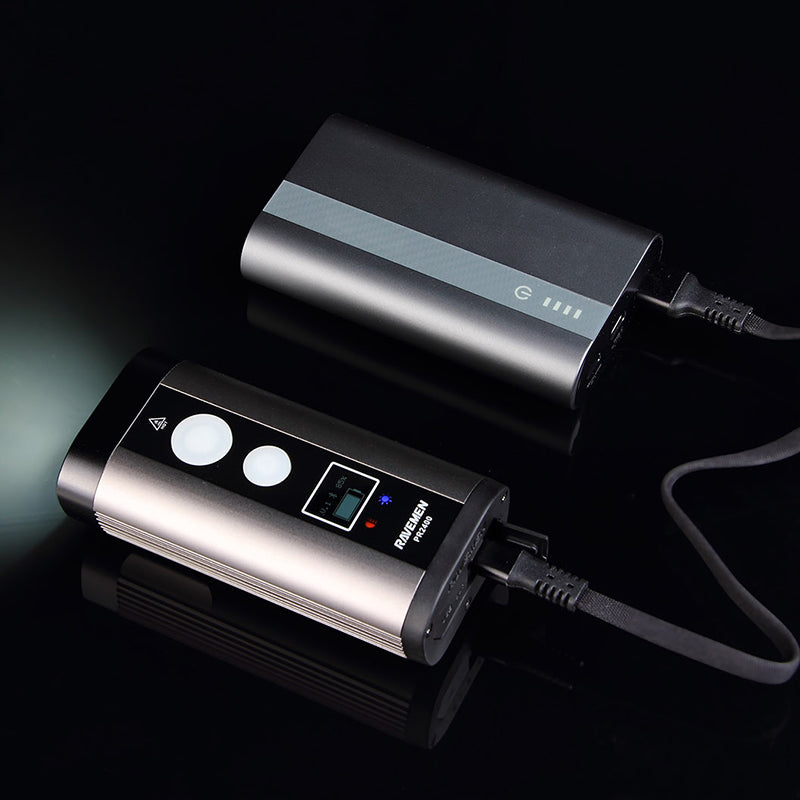 Ravemen PR2400 connected to an external power source to extend battery runtime.