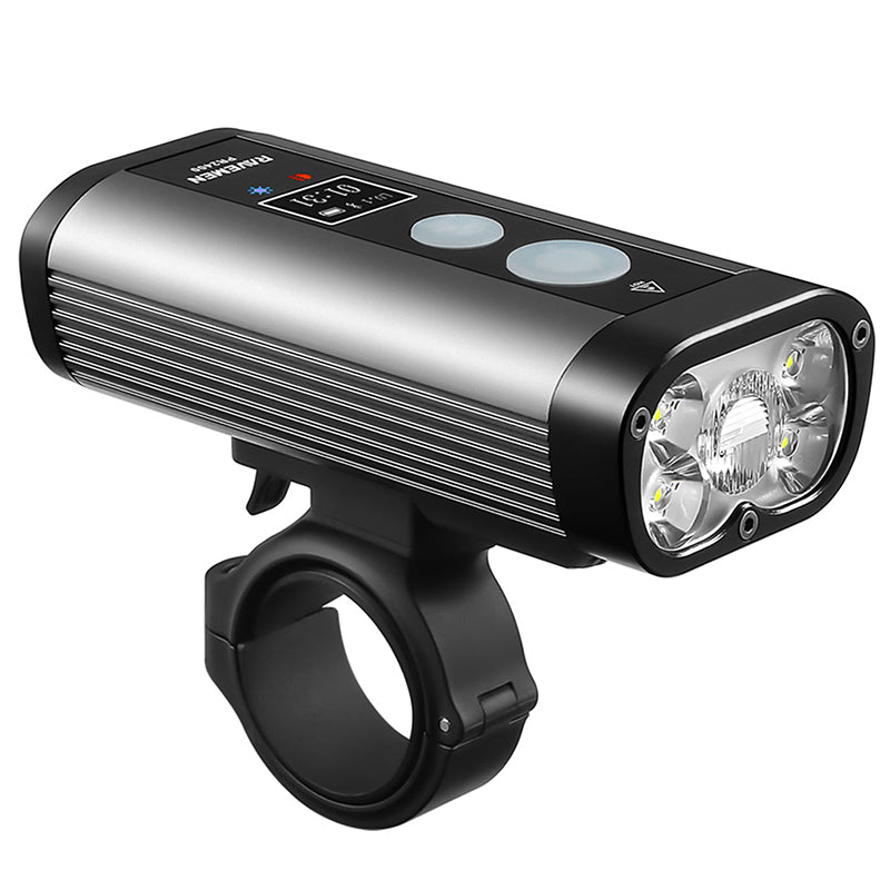 Angled view of the Ravemen PR2400 showing the OLED display and dual mode buttons.