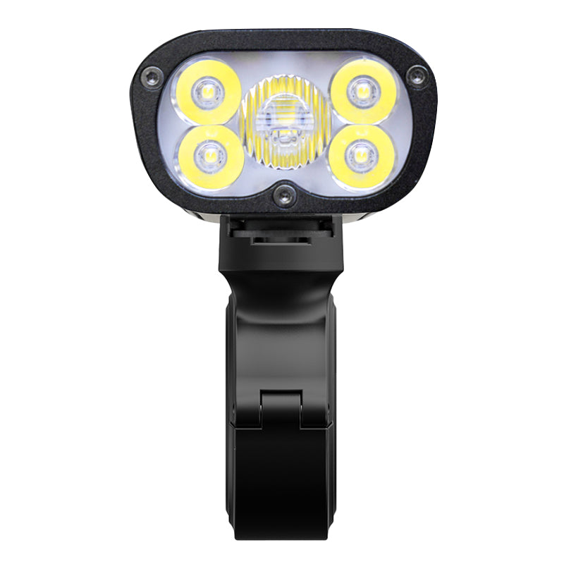 Ravemen PR2400 headlight powered on, showing all 5 LEDs illuminated at full brightness.