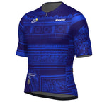 Full length view of Santini Tour de France Arrivée cycling jersey in marine blue, showcasing Polartec® Power Stretch™ fabric and covered full-length zipper.