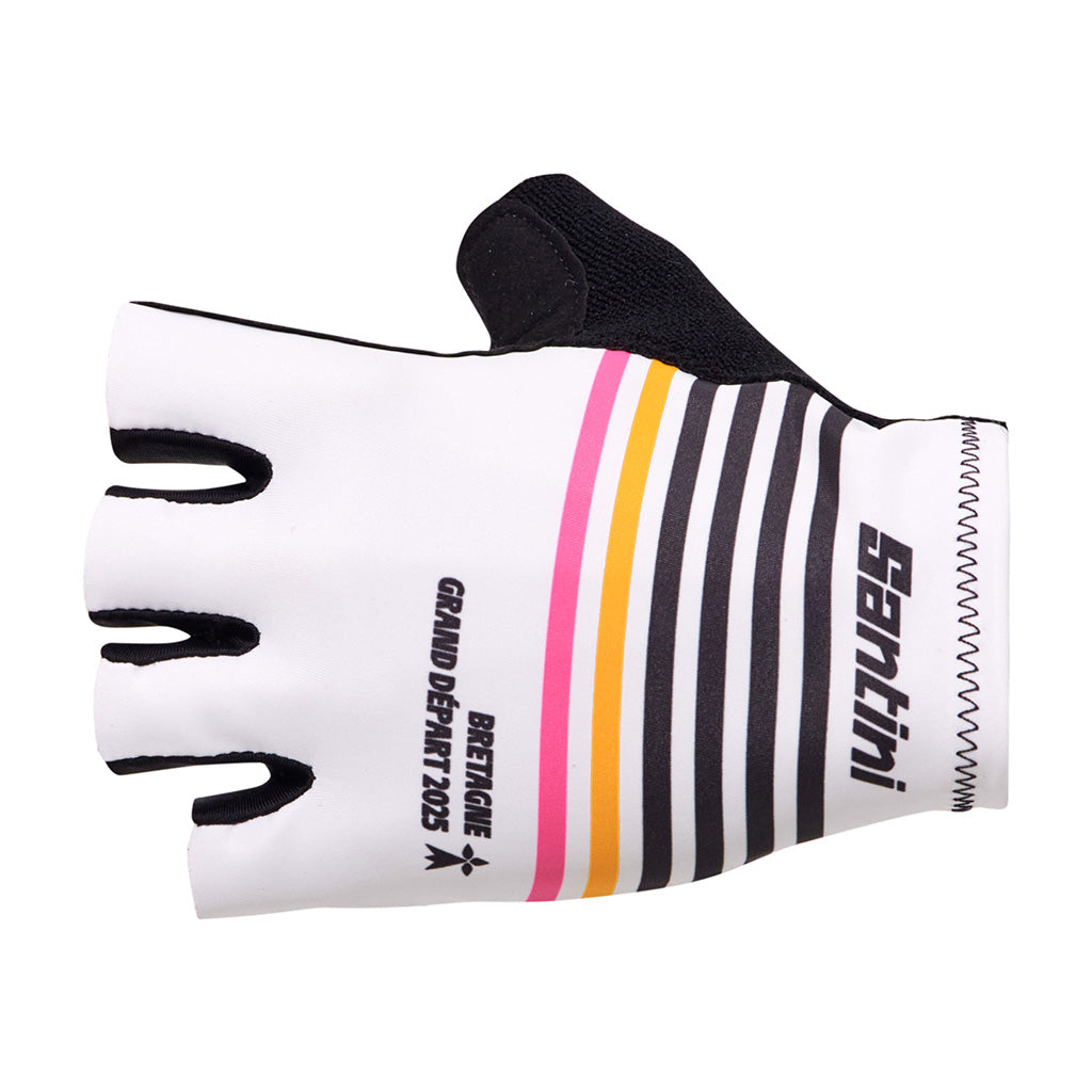 Back of the Santini Tour De France Grand Depart Bretagne cycling glove showing the white, black, orange and fuchsia striped design.