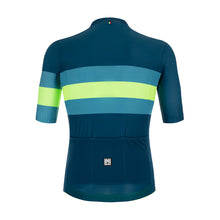 Back view of green Santini pro cycling jersey with triple pockets
