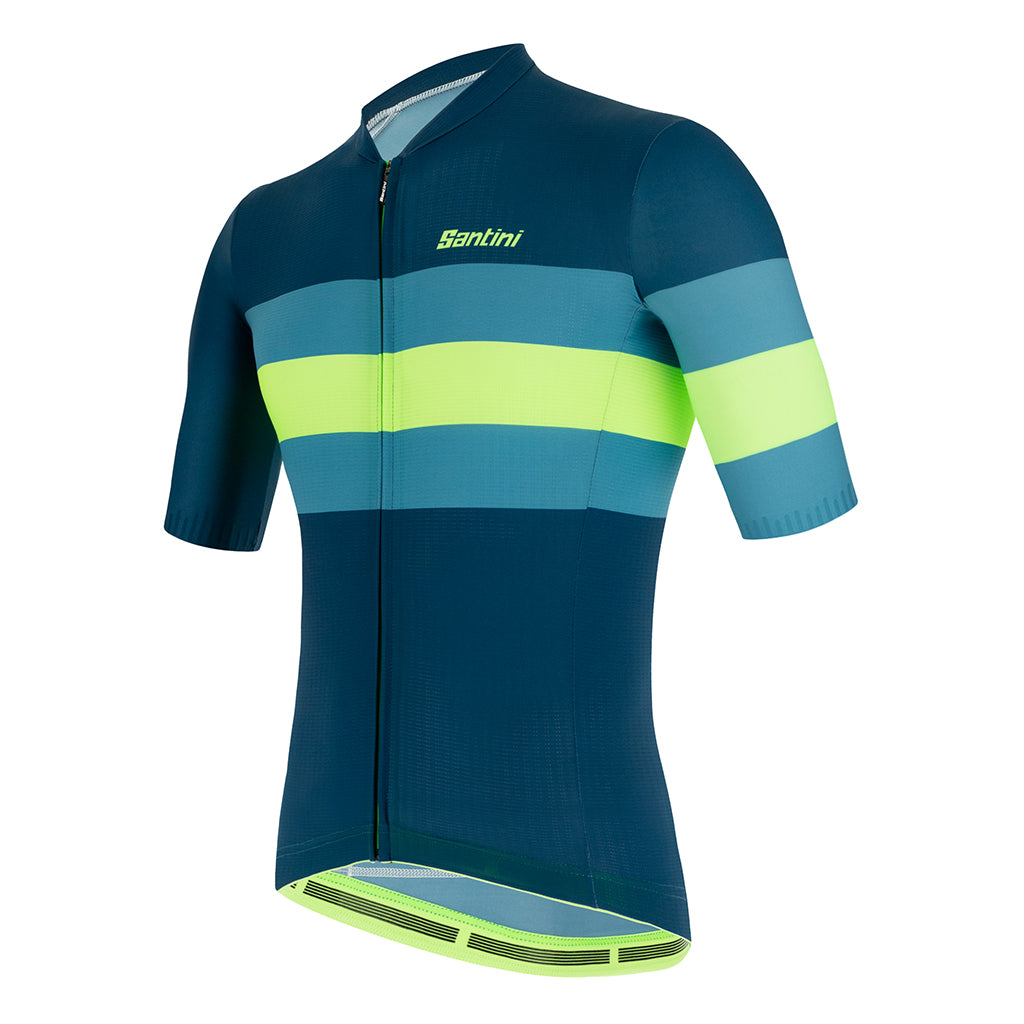 Close-up of raw cut sleeves and collar on Santini Bengal jersey

