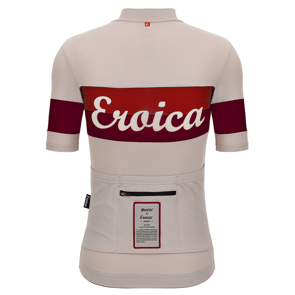 Back of Santini Eroica Quiete Unisex Jersey Cappuccino showing Eroica logo and triple pocket