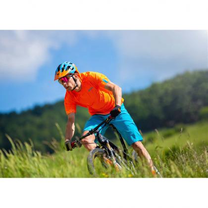 Santini MTB Selva Shorts, Turquoise, on-rider trail detail.