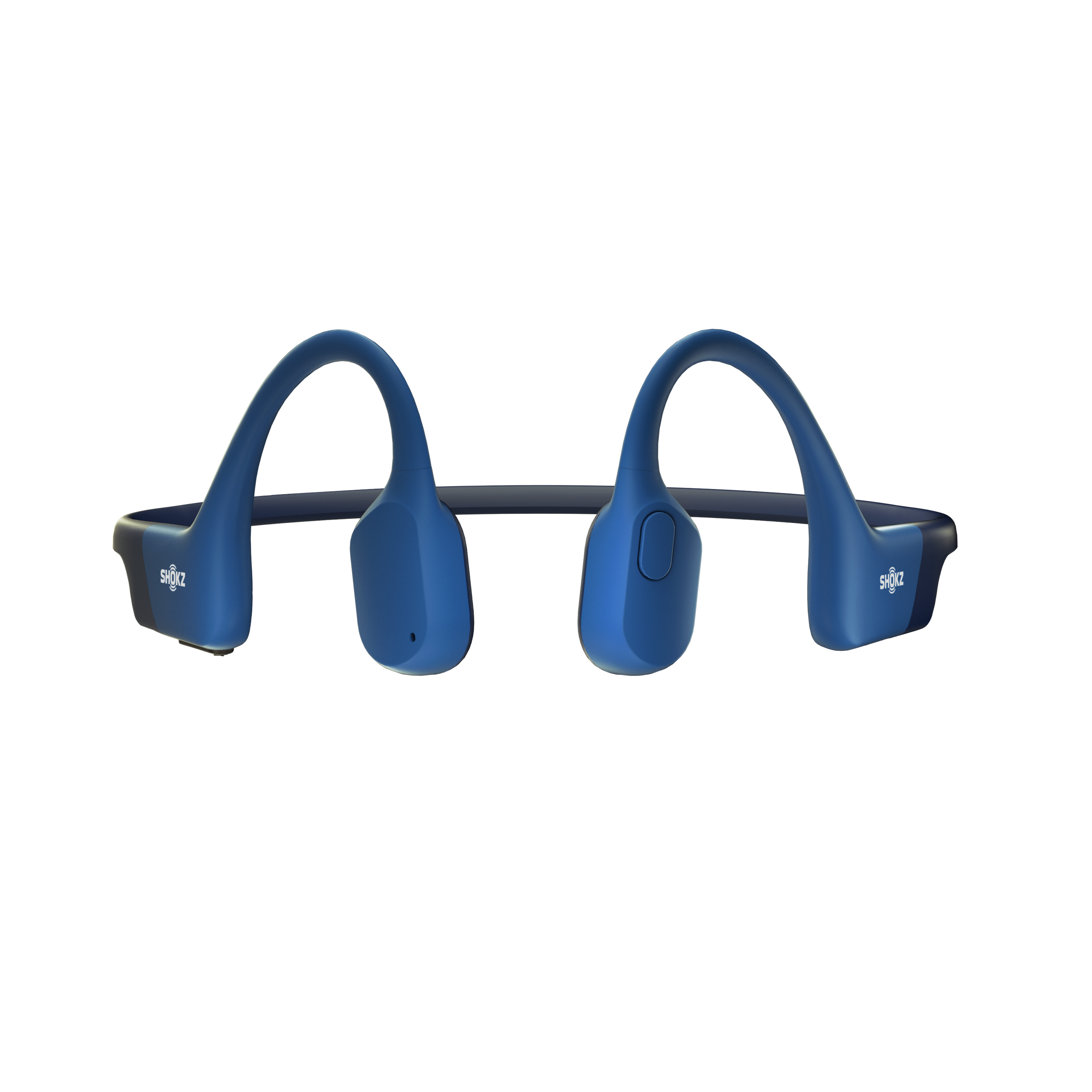 Runner wearing Shokz OpenRun blue bone conduction headphones outdoors