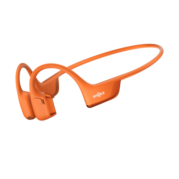 Shokz OpenRun Pro 2 orange bone conduction headphones on white background, front view.