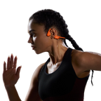 Shokz OpenRun Pro 2 orange bone conduction headphones viewed from an angled perspective.