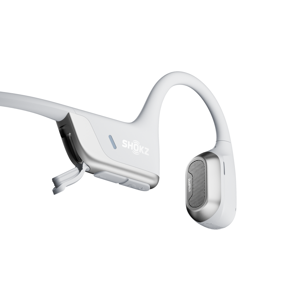 Close-up detail of Shokz OpenRun Pro 2 silver headphone earhook