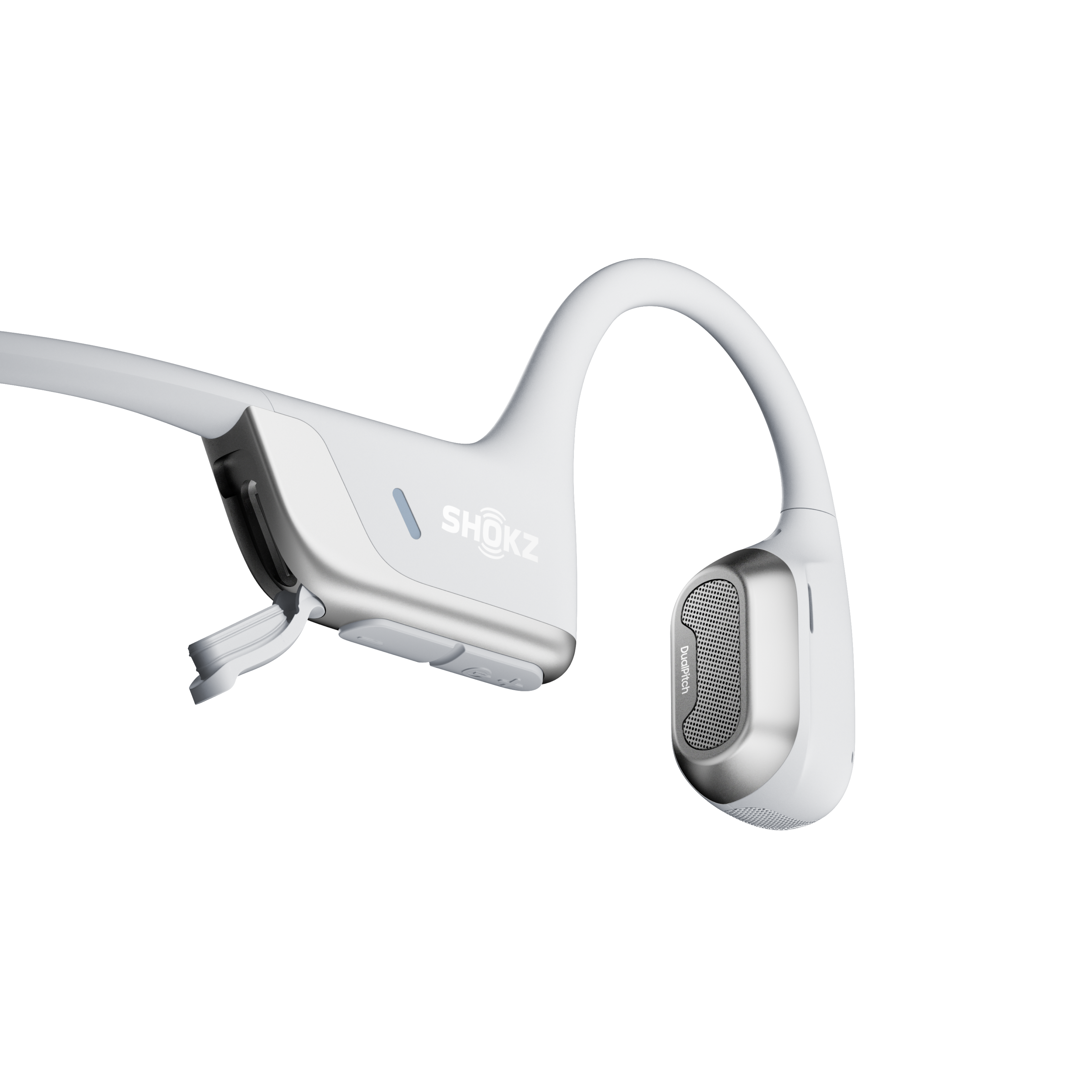 Close-up detail of Shokz OpenRun Pro 2 silver headphone earhook