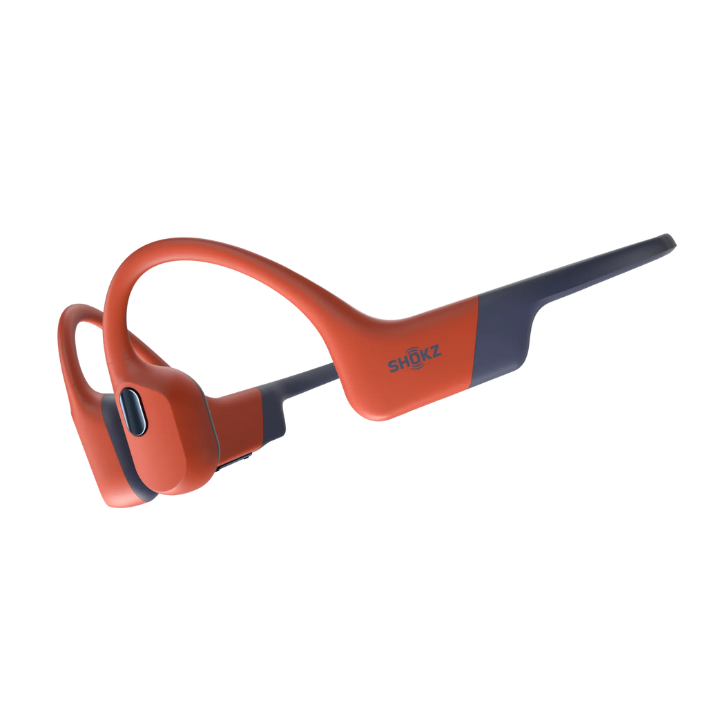 Shokz OpenSwim Pro red waterproof headphones close-up detail