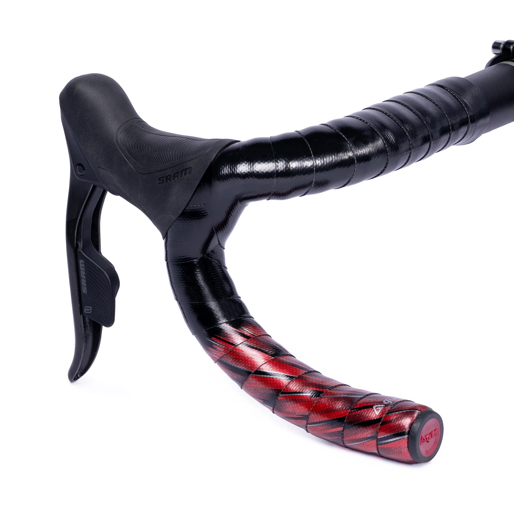 GUEE Super Light Bartape in Plasma Red, showing the premium leather material and sleek design on a road bike's handlebars.

