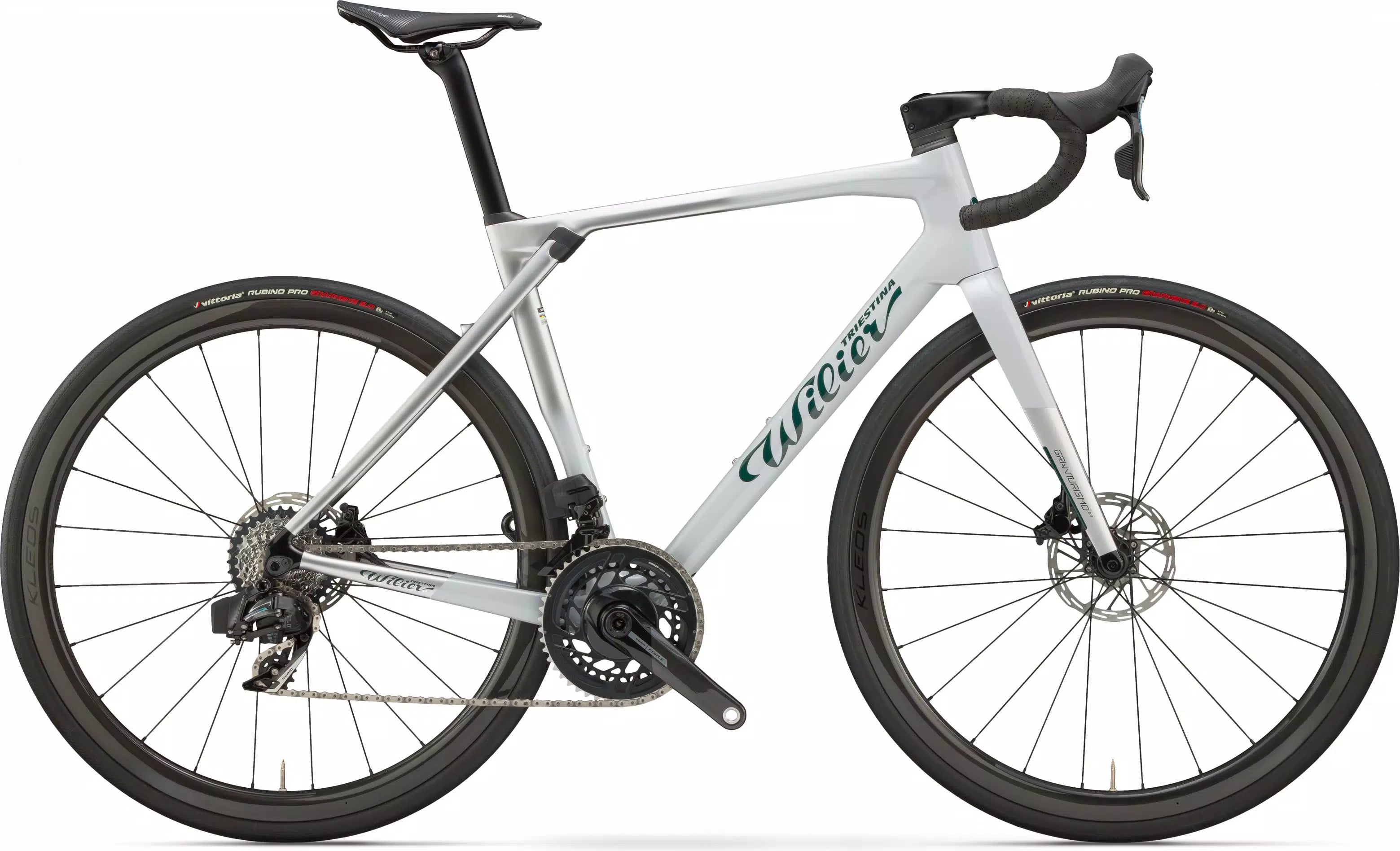 Wilier Granturismo SLR carbon road bike frame - Faded Silver & Emerald Glossy - Actiflex 2.0 endurance geometry for smooth riding.