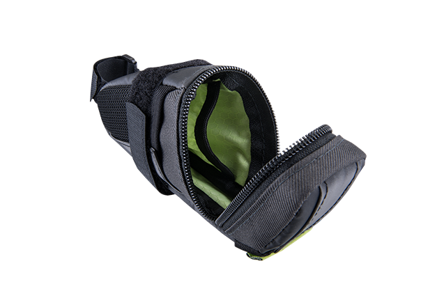 The Birzman Roadster II Saddle Bag, featuring a light attachment loop and waterproof fabric on the bottom.

