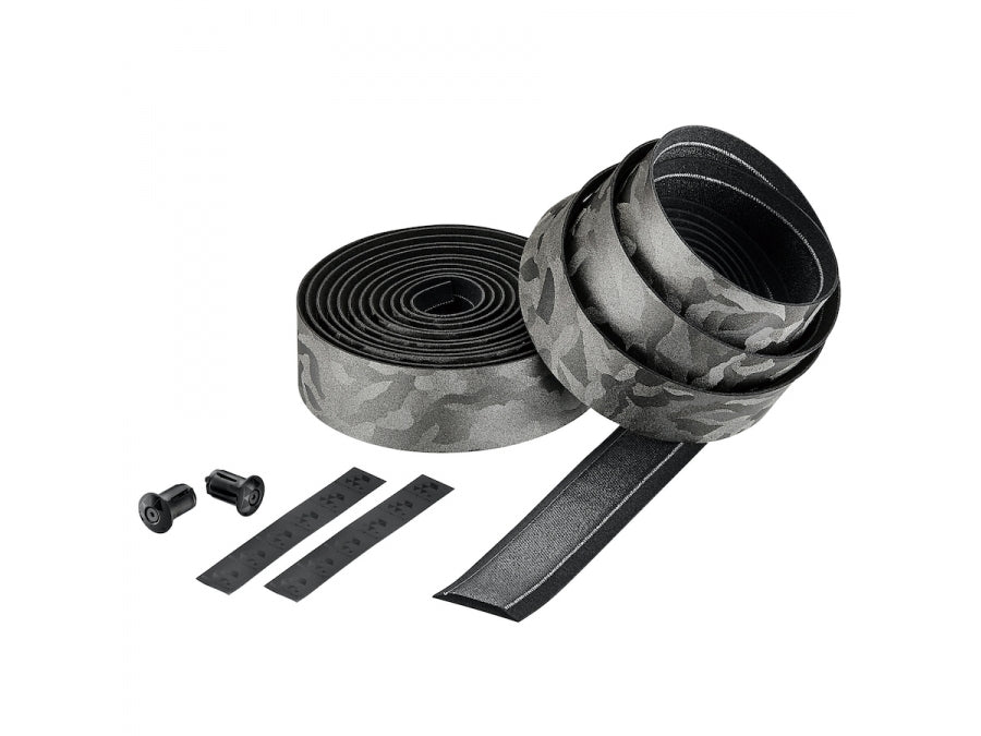 Camo titanium-colored bar tape wrapped on a road bike handlebar

