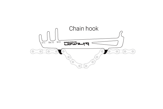 The Birzman chain tool being used to measure chain wear, demonstrating its accurate and simple functionality.

