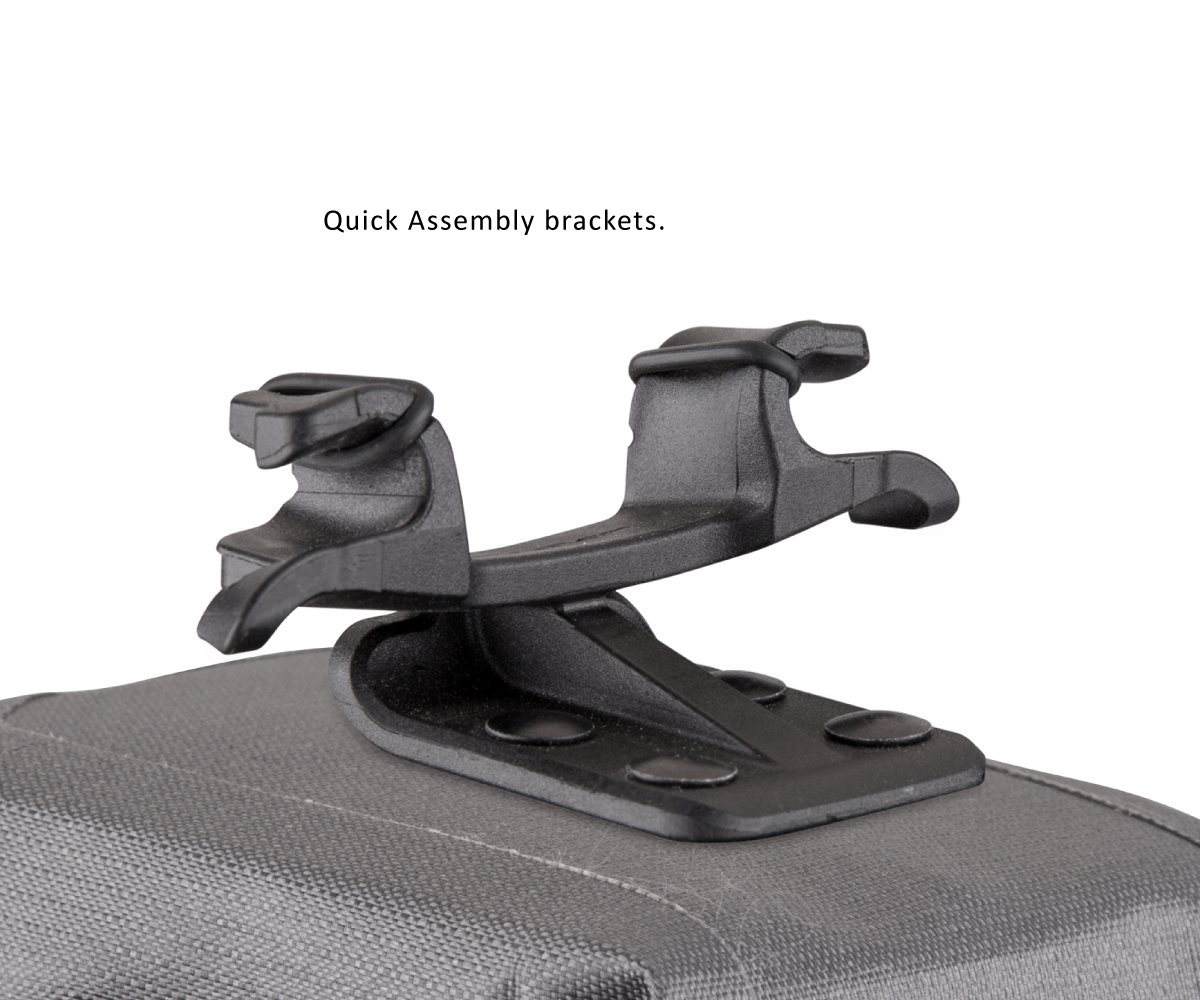 Close-up of the Birzman Elements I Saddle Bag, showing the patented Quick Assembly Bracket for tool-free mounting.

