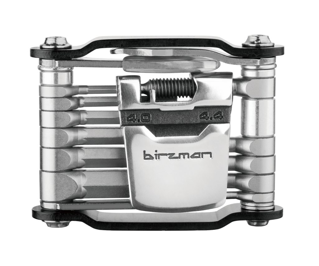 A close-up of the Birzman Feexman E-Version 20 multi-tool, showing the integrated tire levers and chain tool.

