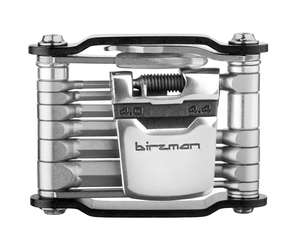 A close-up of the Birzman Feexman E-Version 20 multi-tool, showing the integrated tire levers and chain tool.

