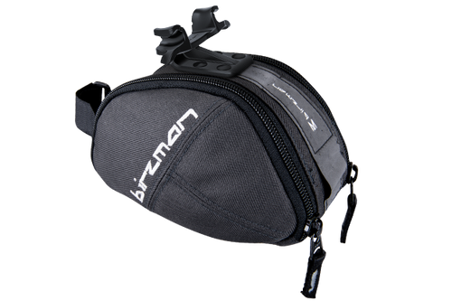 Birzman M-Snug Saddle Bag with dual zips and quick assembly brackets for organized storage.

