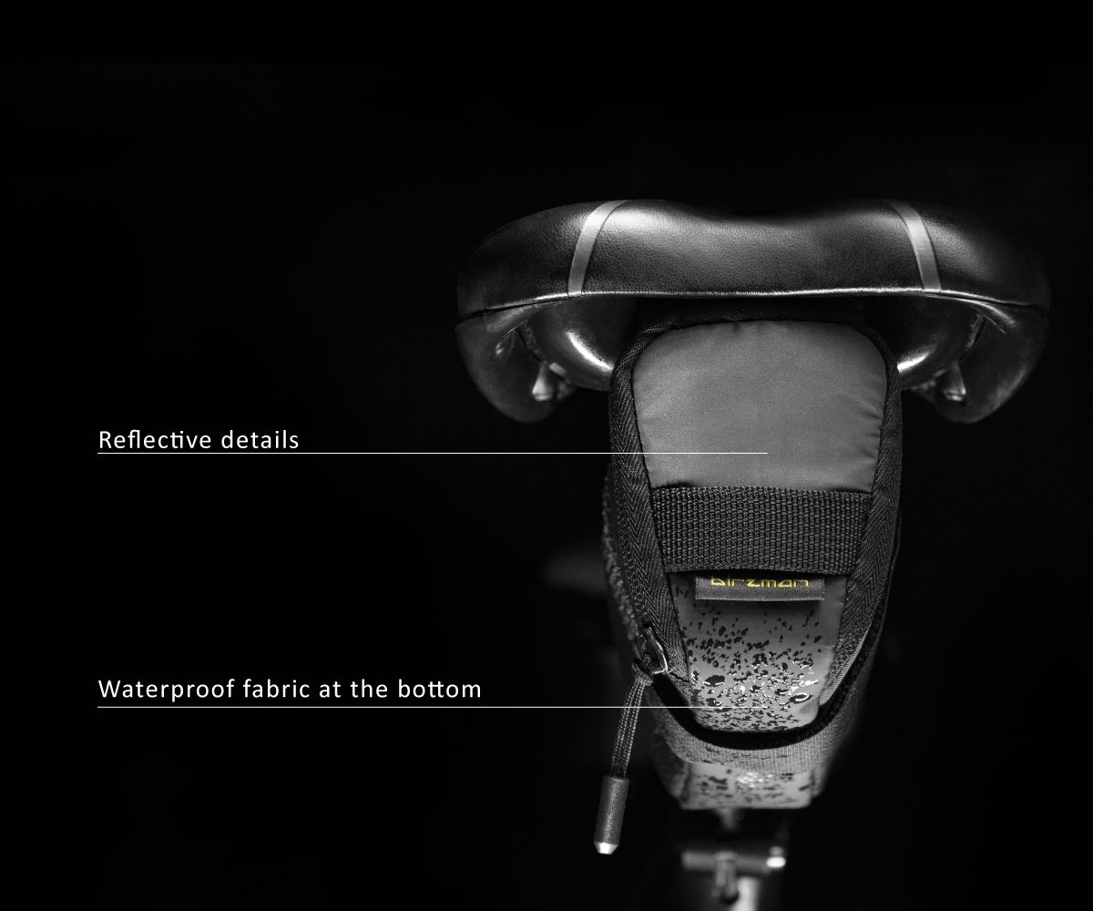 Close-up of the Birzman Roadster E Saddle Bag, showing its easy attachment to the seatpost and saddle rail.