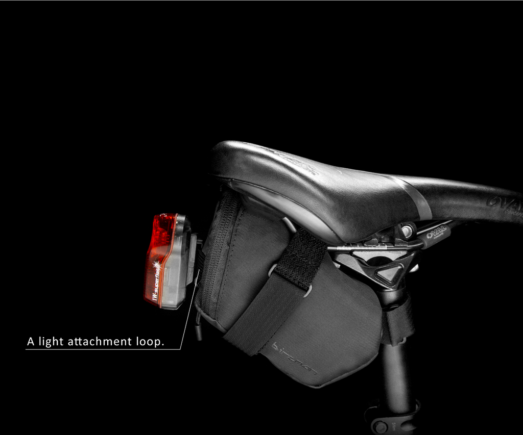The Birzman Roadster E, a bike saddle bag with a light attachment loop and self-engaging Velcro.