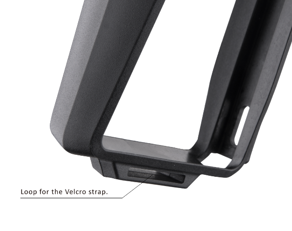 A close-up of the Birzman Uncage Bottle Cage, showing the strap loop for holding cycling accessories.

