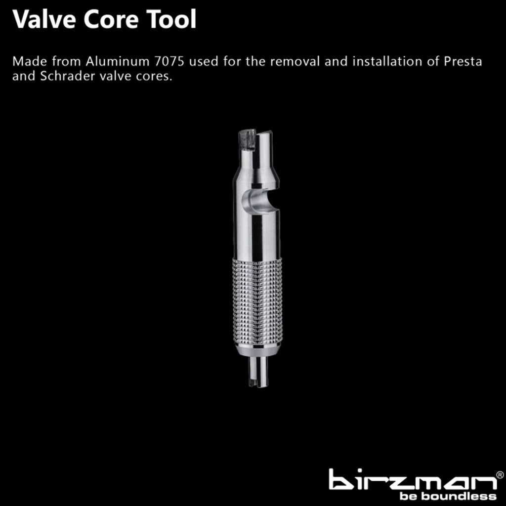 The Birzman Valve Core Tool, a bike tool with a 5mm flat wrench for removing Presta valve extenders.