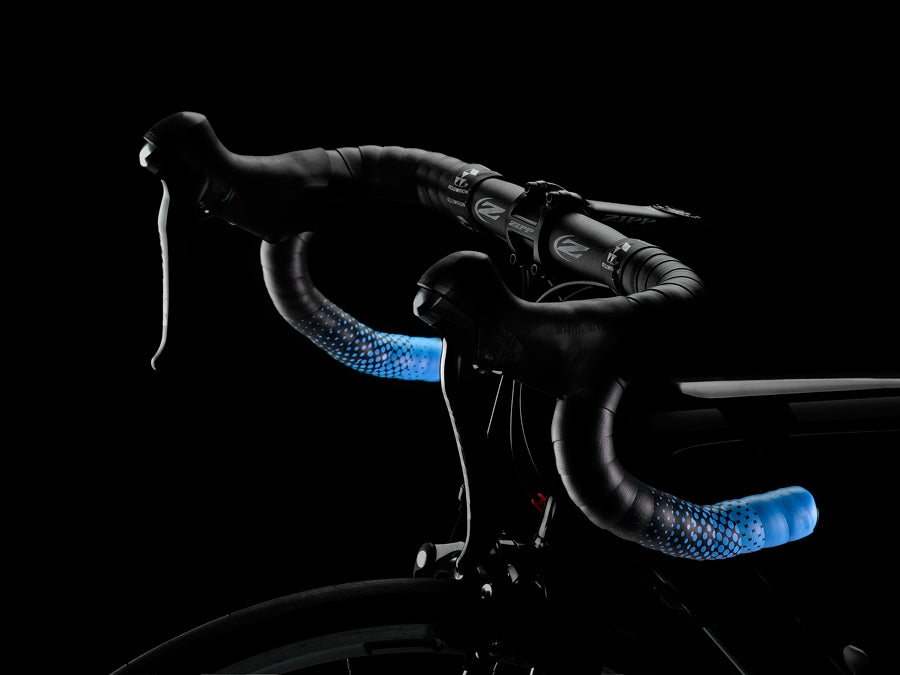 Fusion Blue bar tape on a road bike handlebar, showcasing the metallic color

