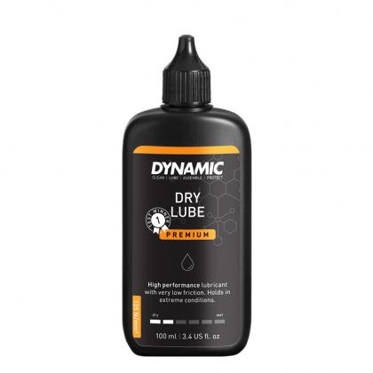 A 100ml container of Dynamic Dry Lube Premium, essential for smooth, quiet, and efficient bicycle chain operation in dry weather.