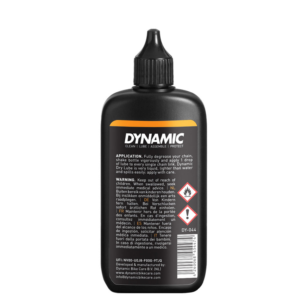 lose-up of Dynamic Dry Lube Premium (100ml), highlighting its advanced formula for reducing friction and keeping bike chains clean.

