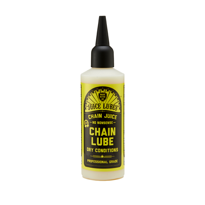 Juice Lubes Chain Lube Dry Condition Chain Oil 130ml bottle, formulated for clean and efficient bicycle chains in dry, dusty environments.

